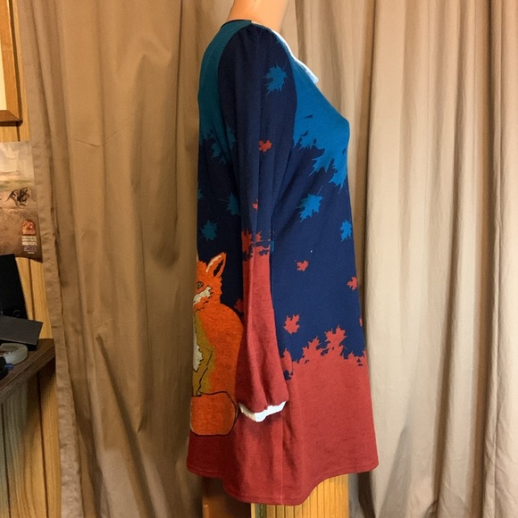 FOX SWEATER DRESS size medium Just Funky dark blue long sleeves Peter Pan collar - Picture 6 of 8